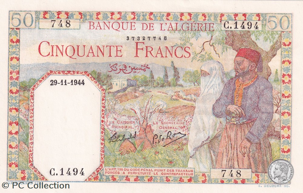1944 Pick 87a 50 Franc algérien 748 Unc billets afrique 1944 pick 87a 50 franc algerien 748 unc
