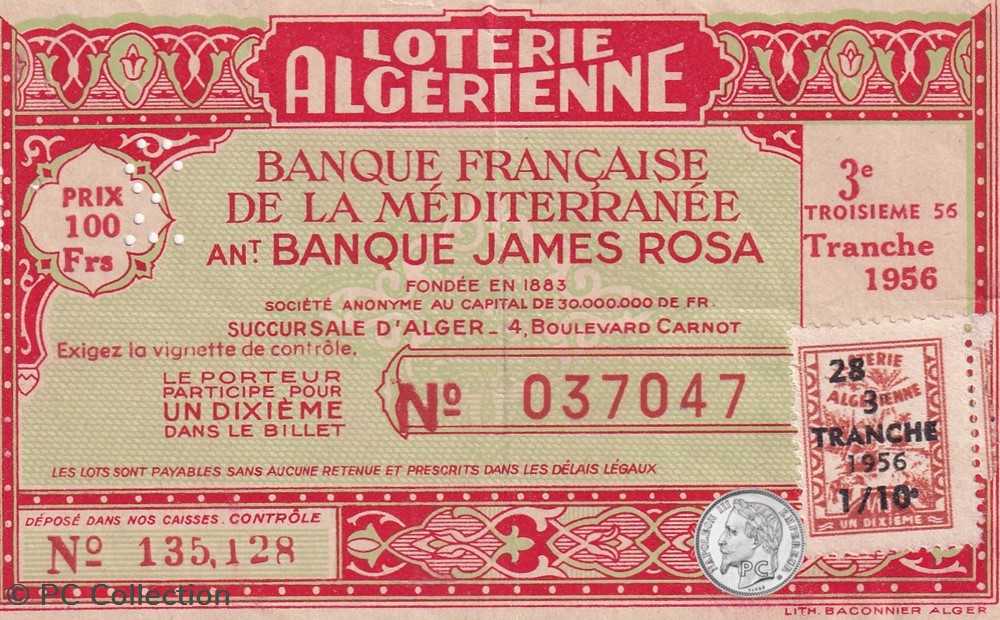 billets afrique loterie algerienne 1 10eme 3eme tranche 1956
