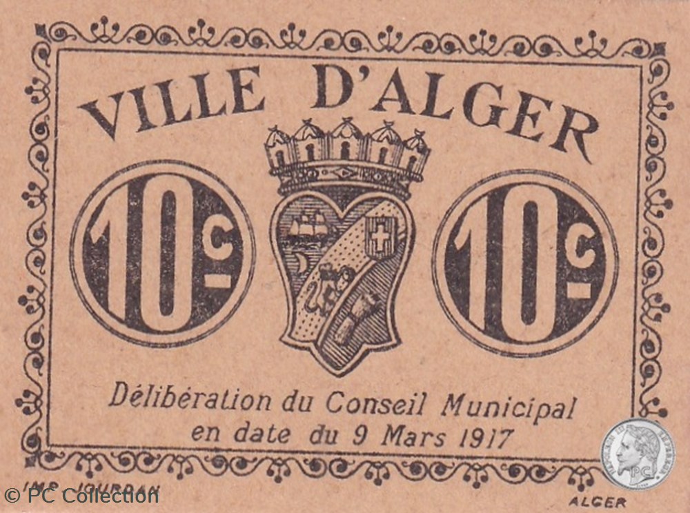 billets afrique algerie ville alger 9 3 1917 10 centimes beige 9