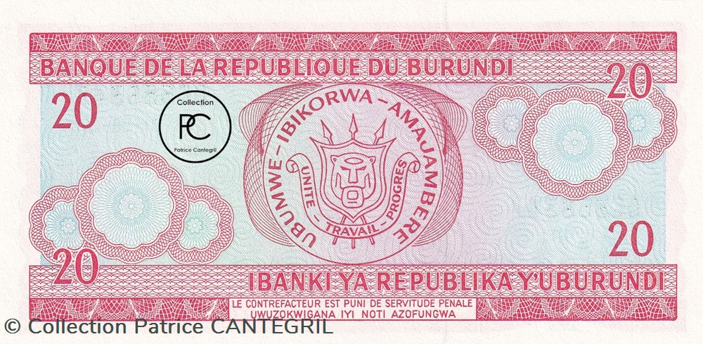 2001 Pick27d.2 20 FBu - Franc burundais Unc billets afrique burundi 2001 pick27d 2 20 fbu franc burundais unc