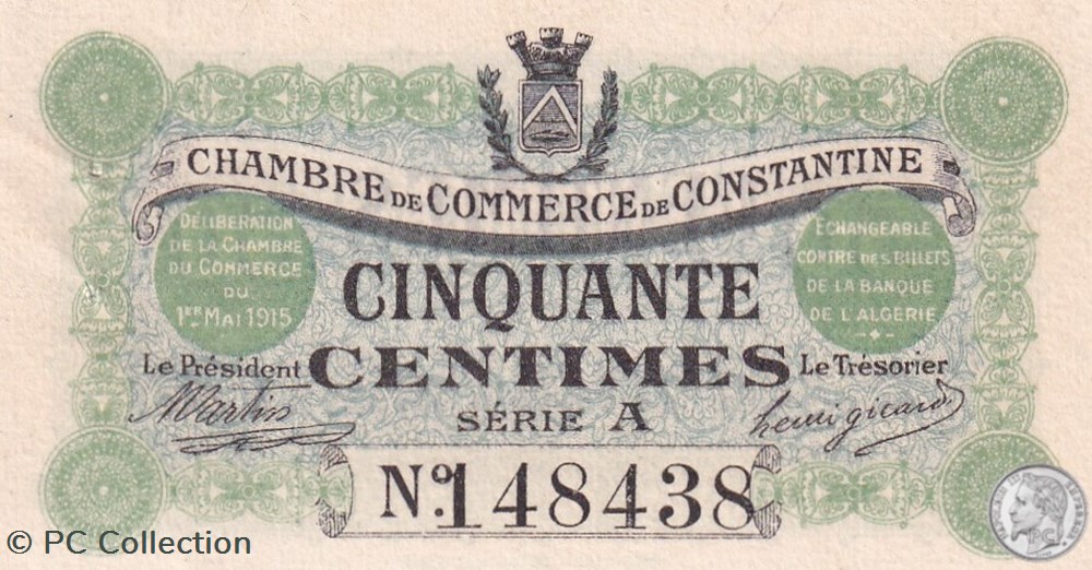 billets afrique algerie 140 1 1 5 1915 constantine 50 cts cdc series a