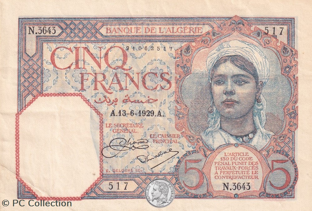 billets afrique 1929 pick77a 5 franc algerien ttb