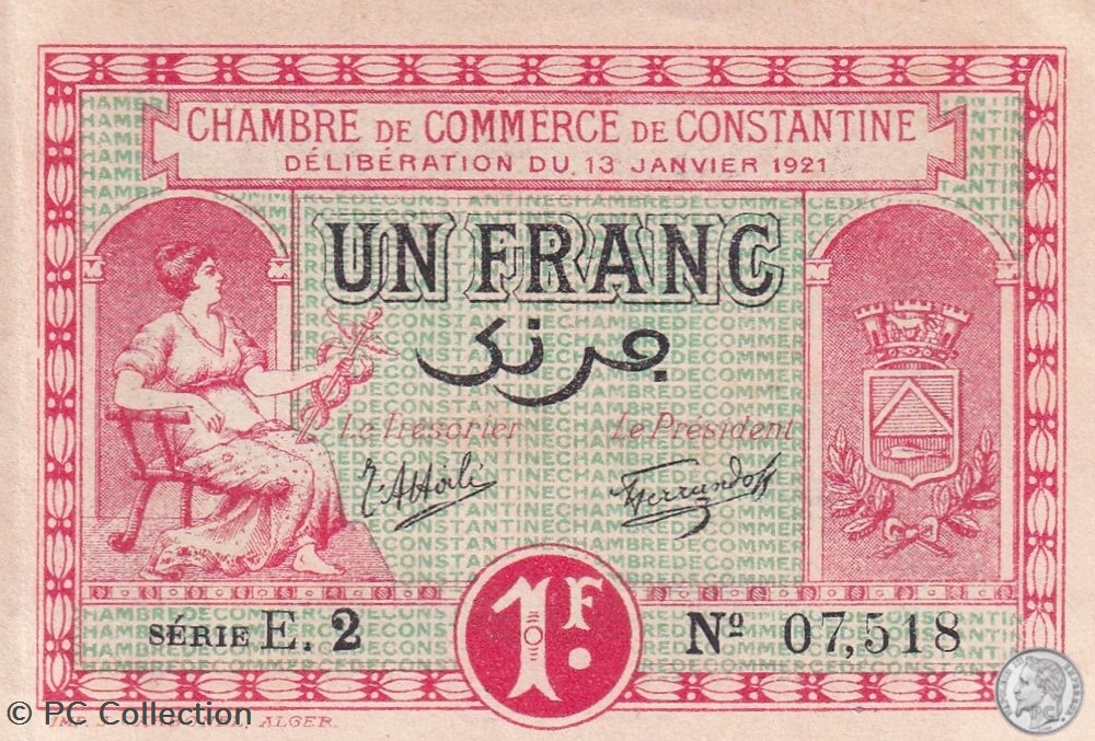 140-26- 13/1/1921 Constantine 1 Franc Cdc Séries E2 billets afrique algerie 140 26 13 1 1921 constantine 1 franc cdc series e2