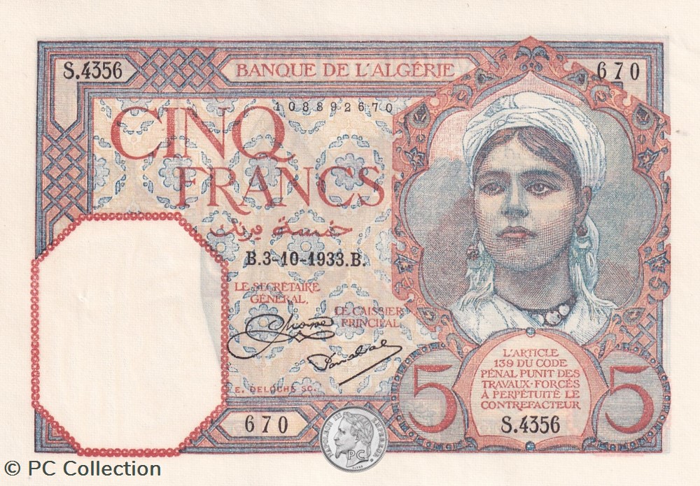 1933 Pick77a.1 5 Franc algérien 670 Unc billets afrique 1933 pick77a 1 5 franc algerien 670 unc