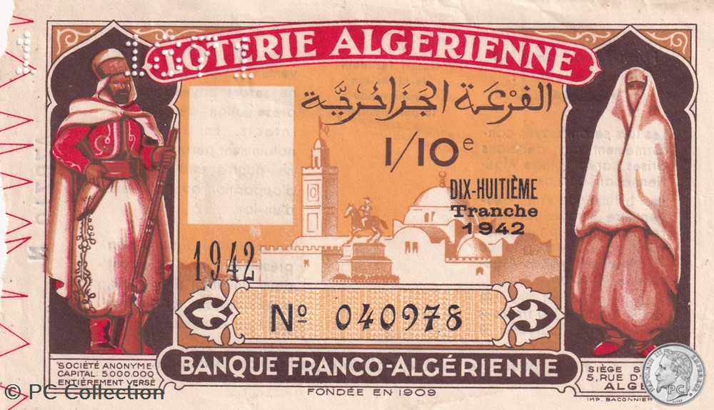 Banque Franco Algérienne 1/10éme 18éme Tranche 1942 billets afrique banque franco algerienne 1 10eme 18eme tranche 1942