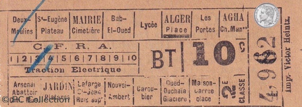 Ticket billet tramway - Tramways d'Alger "Société des Chemins de Fer sur Routes d'Algérie" documents anciens titres transport ticket billet tramway tramways alger societe des chemins de fer sur routes algerie