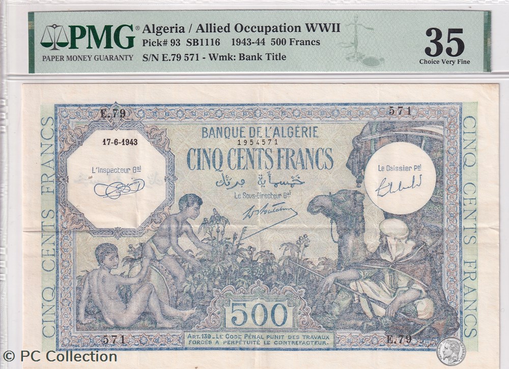 Pick93 500 Francs Type vert 17-6-1943 PMG 35 billets afrique algerie pick93 500 francs type vert 17 6 1943 pmg 35
