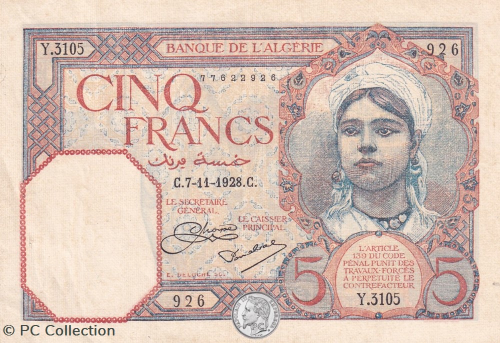 1928 Pick77a 5 Franc algérien Sup+ billets afrique 1928 pick77a 5 franc algerien sup