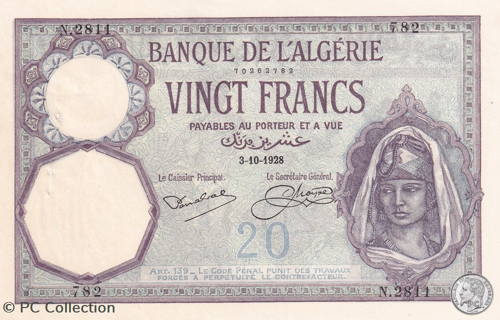 1928 Pick78b 20 Franc algérien 782 Spl billets afrique 1928 pick78b 20 franc algerien 782 spl