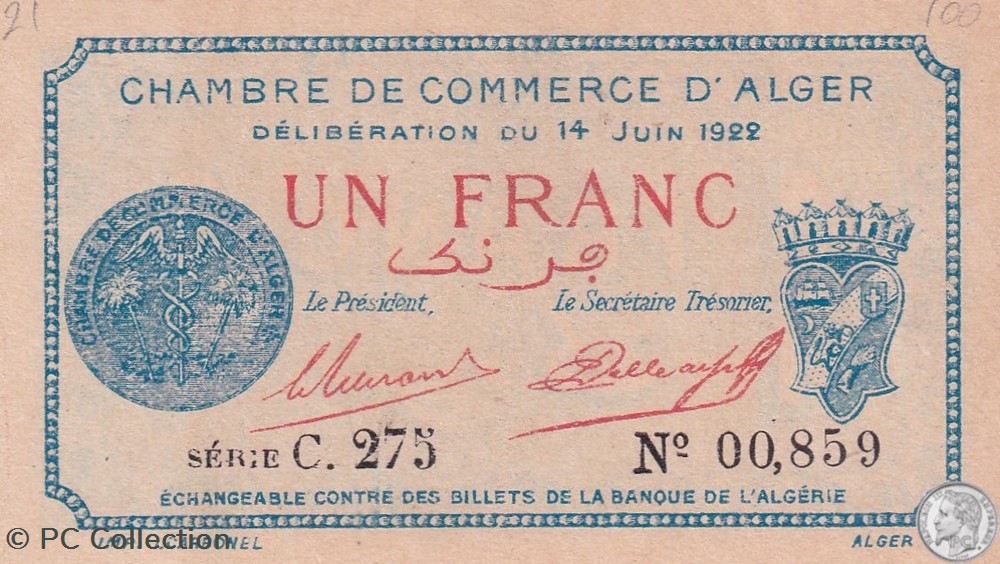 137-24-14/6/1922 Alger 1 Franc Cdc.(2) billets afrique algerie 137 24 14 6 1922 alger 1 franc cdc 2