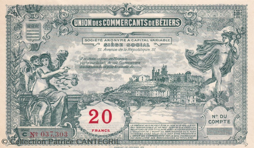 billets 20 francs union des commercants de beziers