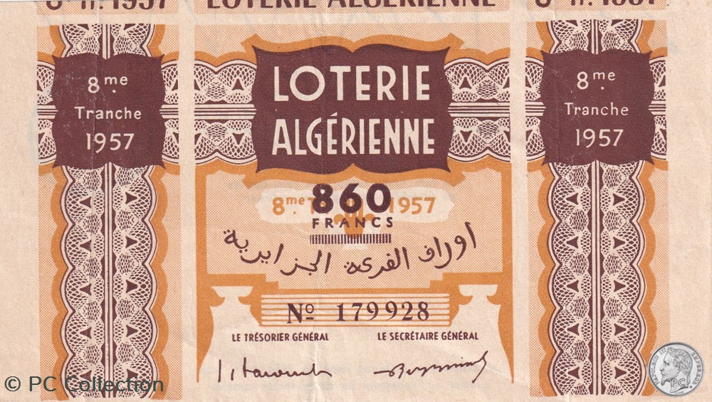Loterie Algérienne 8éme Tranche 1957 billets afrique loterie algerienne 8eme tranche 1957
