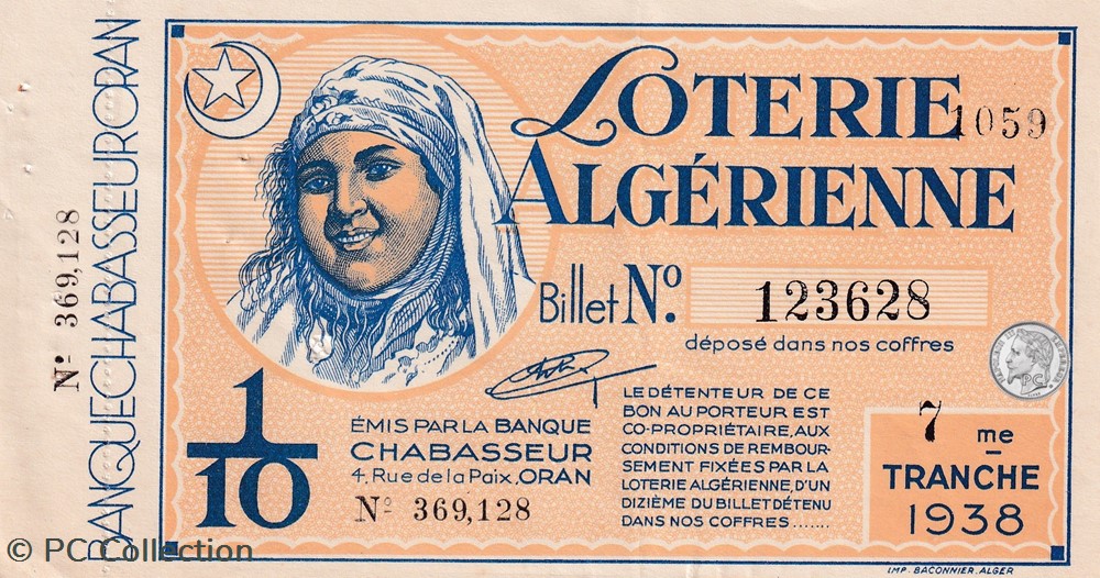 1938 7 éme Tranche 123628 1/10 billets afrique algerie 1938 7 eme tranche 123628 1 10