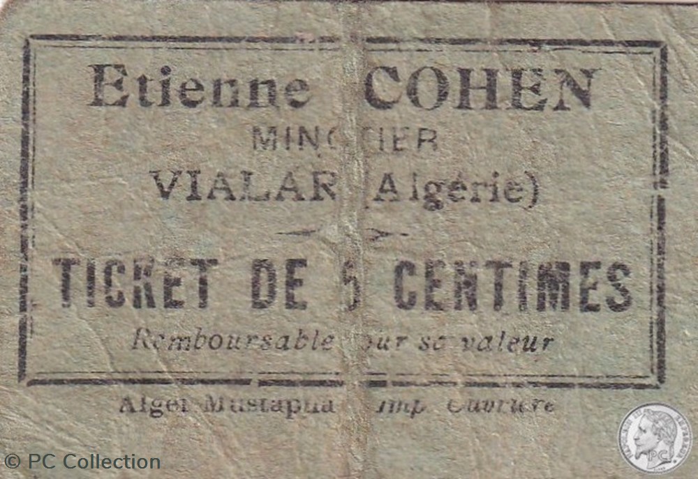 VIALAR Ticket Carton Vert 0,5 Cts Etienne COHEN Vialar billets afrique algerie vialar ticket carton vert 0 5 cts etienne cohen vialar