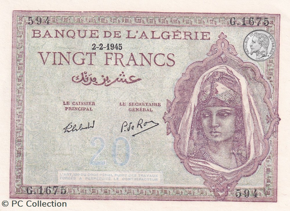 billets afrique 1945 pick92b 3 594 20 franc algerien unc