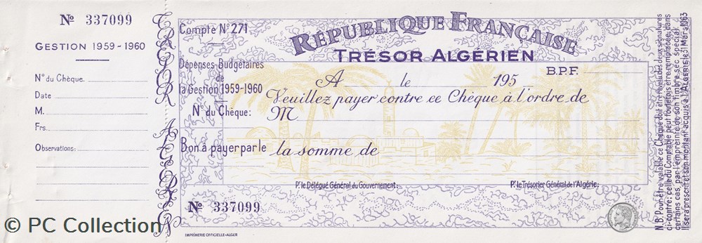 TRÉSOR ALGÉRIEN Chèque vierge avec souche Exercice 1959 - 1960 Très bon état billets afrique tresor algerien cheque vierge avec souche exercice 1959 1960 tres bon etat