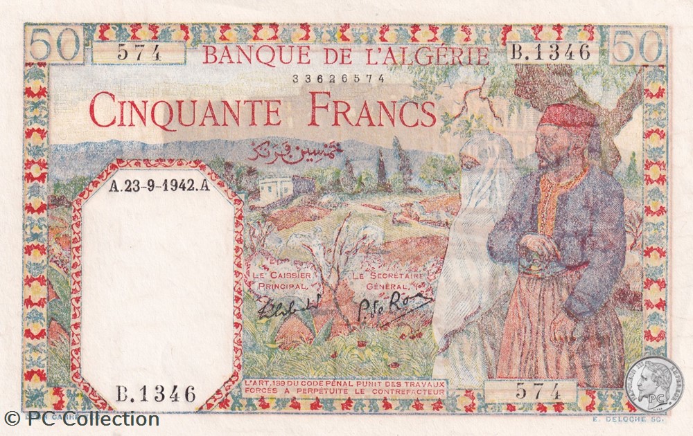 1942 Pick84 50 Franc algérien Unc billets afrique 1942 pick84 50 franc algerien unc
