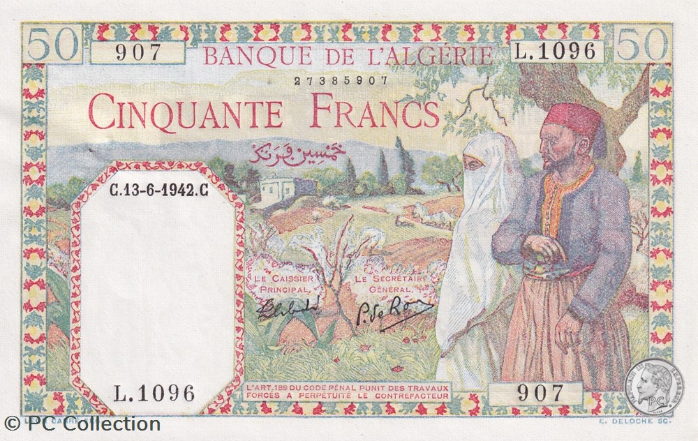 billets afrique 1942 pick84a 14 50 franc algerien aunc
