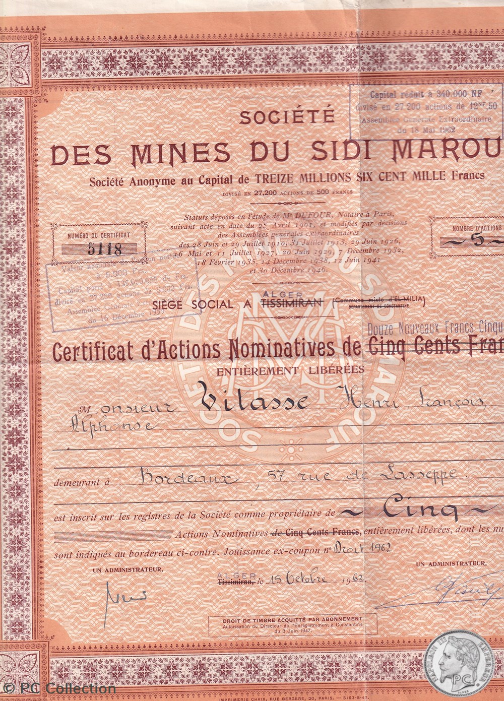 Société des Mines de sidi Marou Algérie documents anciens actions titres societe des mines de sidi marou algerie