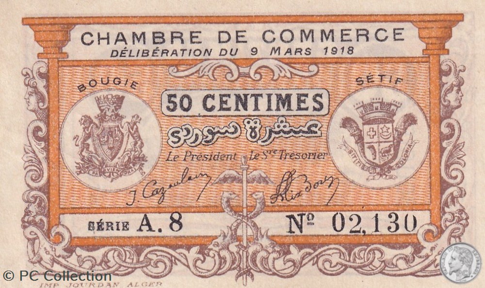 139-3- 9/3/1918 Bougie Sétif 50 cts Cdc Séries A.8 billets afrique algerie 139 3 9 3 1918 bougie setif 50 cts cdc series a 8