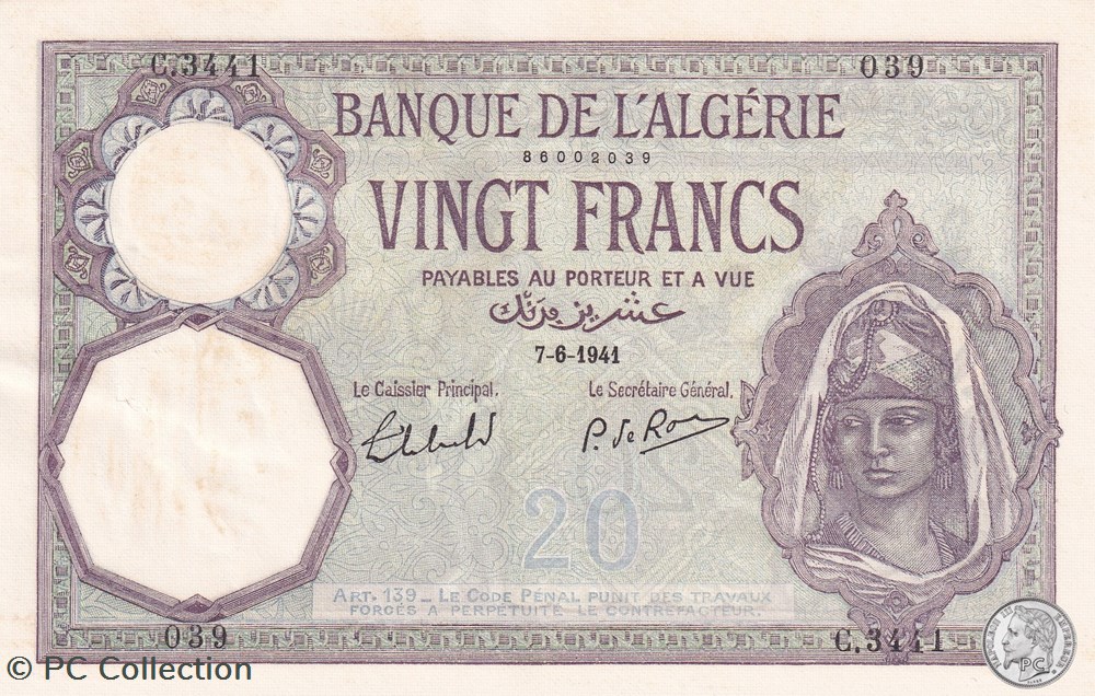 1941 Pick78c.2i 20 Franc algérien Spl 039 billets afrique 1941 pick78c 2i 20 franc algerien spl 039