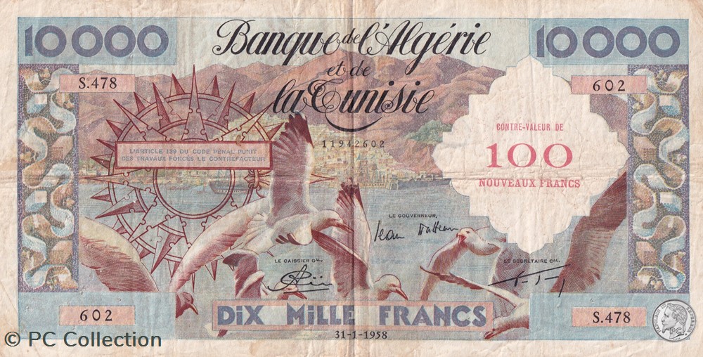 1958 Pick114a.1 10 000 Franc algérien / 100 Nouveaux Francs TB+ billets afrique 1958 pick114a 1 10 000 franc algerien 100 nouveaux francs tb