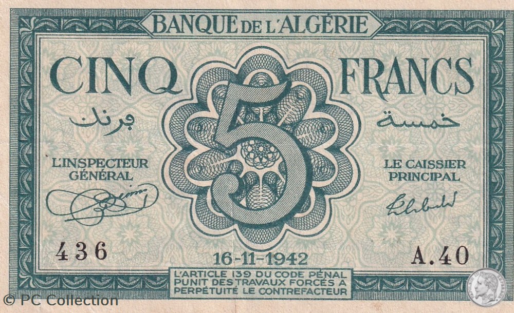 billets afrique 1942 pick91 436 5 franc algerien 5