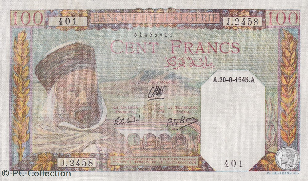 1945 Pick 85 100 Franc algérien 401 Unc billets afrique 1945 pick 85 100 franc algerien 401 unc