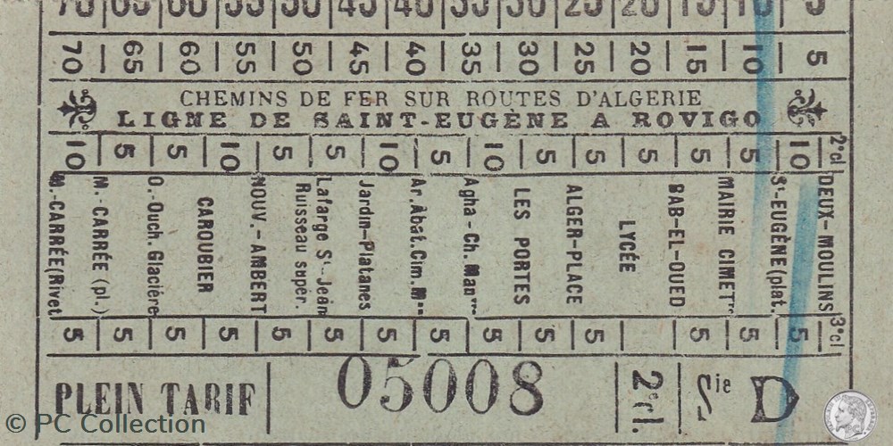 Ticket billet tramway d'Alger "Chemins de Fer sur routes d'Algérie / Ligne St Eugène à Rovigo" documents anciens titres transport ticket billet tramway alger chemins de fer sur routes algerie ligne st eugene a rovigo