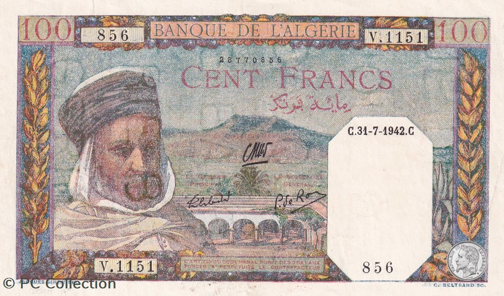 1942 Pick88 100 Franc algérien 856 Unc billets afrique 1942 pick88 100 franc algerien 856 unc
