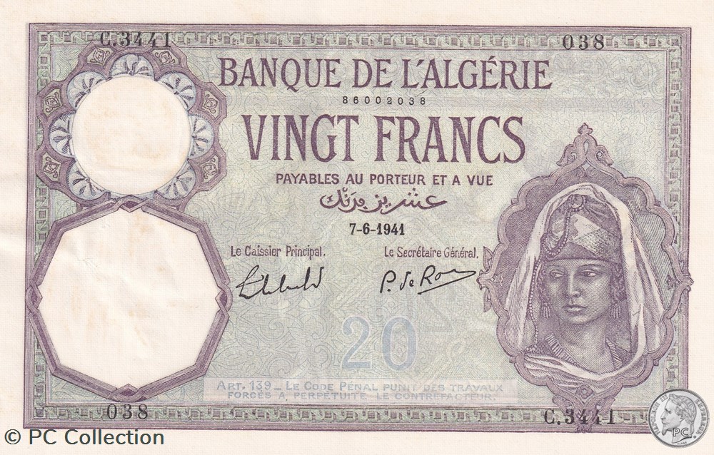 1941 Pick78c.2i 20 Franc algérien Spl 038 billets afrique 1941 pick78c 2i 20 franc algerien spl 038