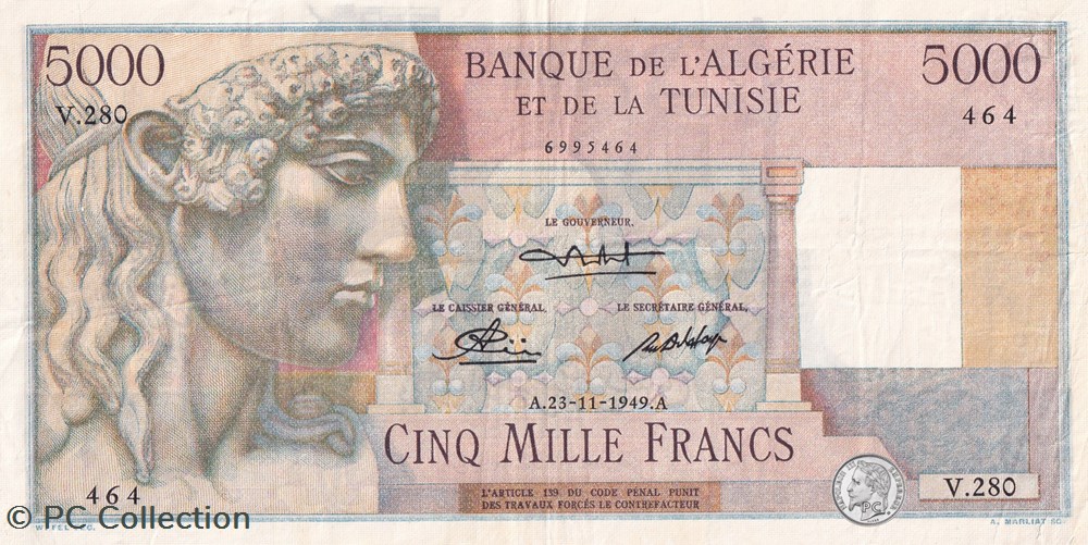1949 Pick109a 5.000 Francs Banque de l'Algérie et de la Tunisie TTB billets afrique 1949 pick109a 5 000 francs banque de algerie et de la tunisie ttb