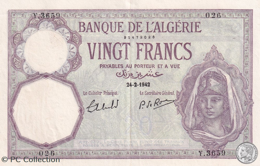 1942 Pick78c.13 20 Franc algérien Spl( aunc) billets afrique 1942 pick78c 13 20 franc algerien spl aunc