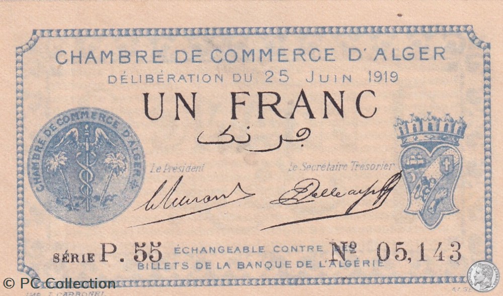 137-12-25/6/1919 Alger 1 Franc Cdc.(2) billets afrique algerie 137 12 25 6 1919 alger 1 franc cdc 2