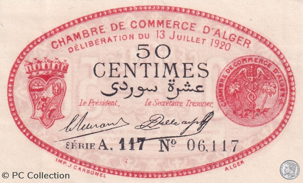 137-16-13/7/1920 Alger 50 cts Cdc. (1) billets afrique algerie 137 16 13 7 1920 alger 50 cts cdc 1