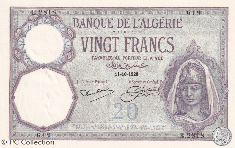1928 Pick78b 619 20 Franc algérien Unc billets afrique 1928 pick78b 619 20 franc algerien unc