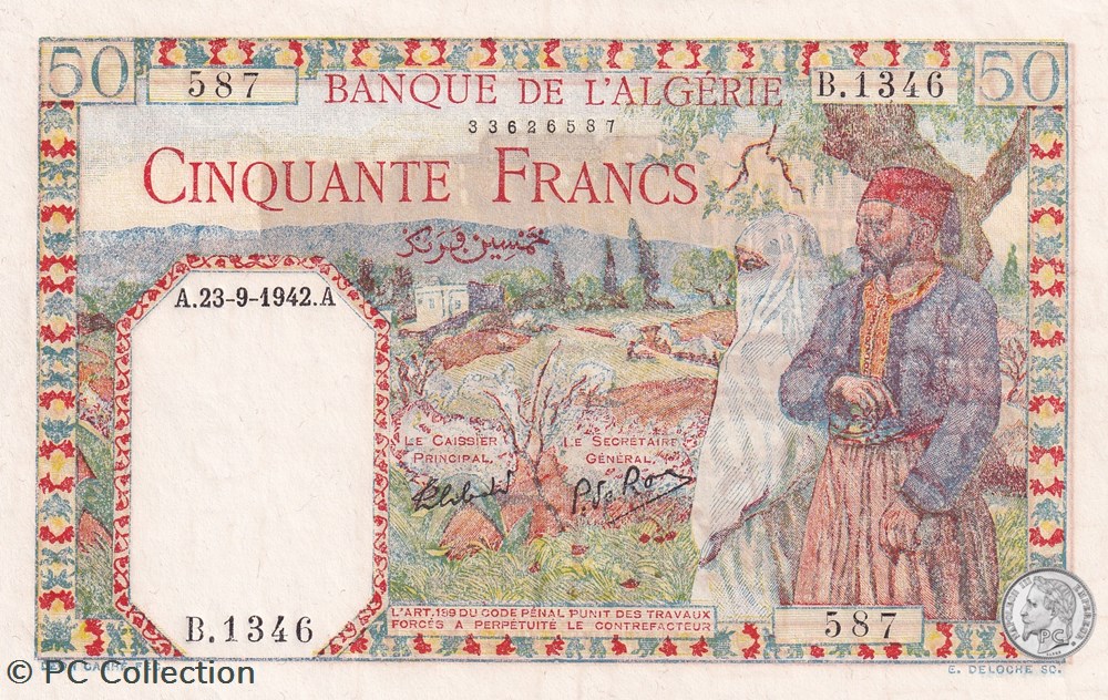 1942 Pick84 50 Franc algérien Unc billets afrique 1942 pick84 50 franc algerien unc