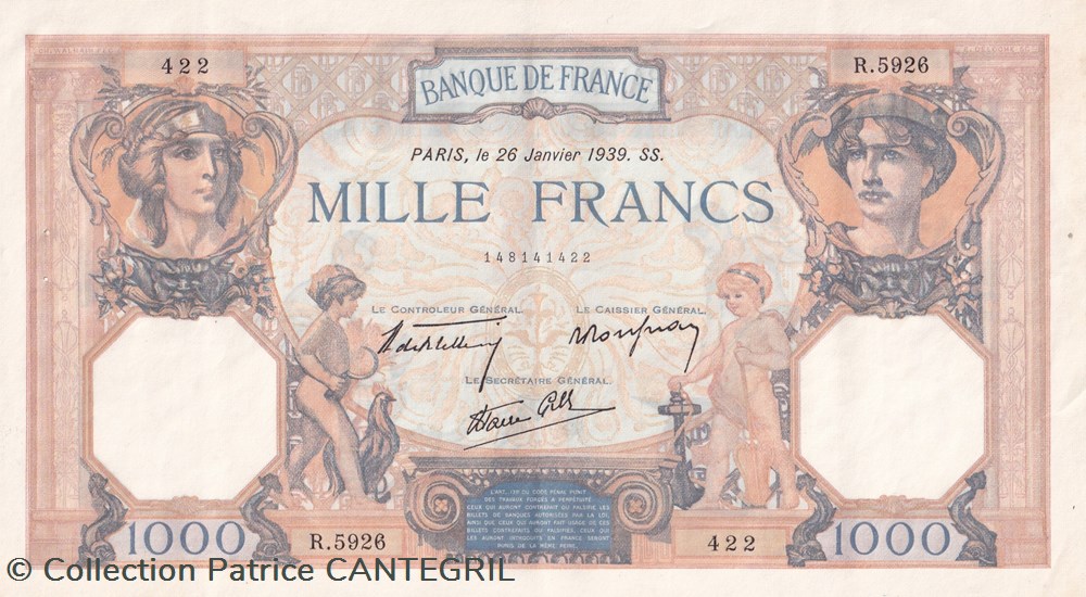 1000 Francs Ceres et mercure type 1927 Modifié 26-1-1939 Spl billets europe france 1000 francs ceres et mercure type 1927 modifie 26 1 1939 spl