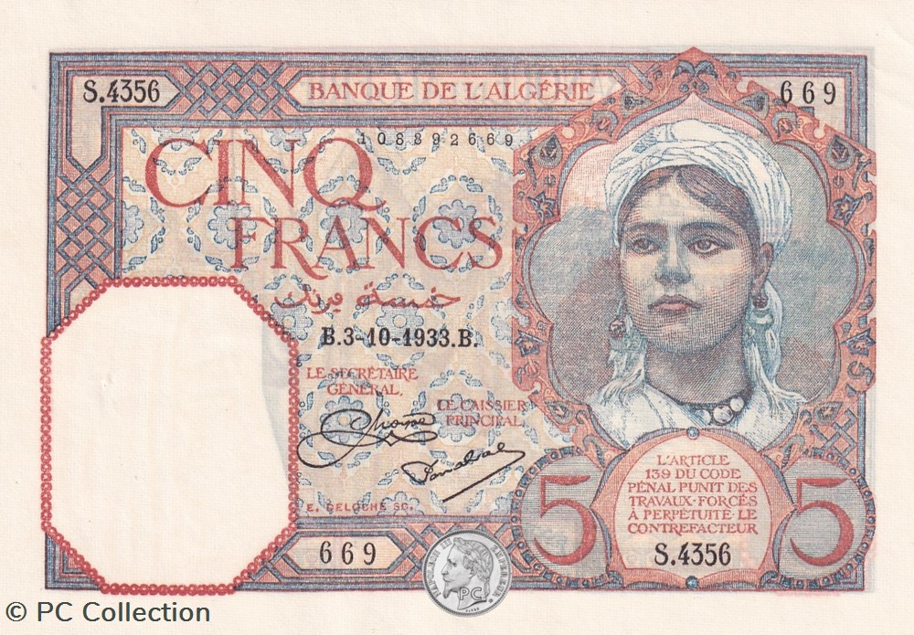 1933 Pick77a.1 5 Franc algérien 669 Unc billets afrique 1933 pick77a 1 5 franc algerien 669 unc