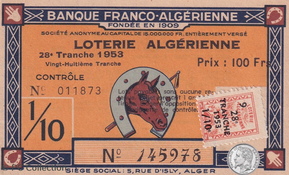 Banque Franco Algérienne 1/10éme 28éme Tranche 1953 billets afrique banque franco algerienne 1 10eme 28eme tranche 1953