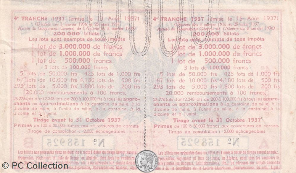 Loterie Algérienne 4éme Tranche 1937 billets afrique loterie algerienne 4eme tranche 1937