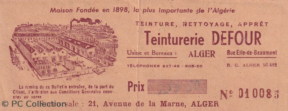Teinturerie DEFOUR Alger 2 billets afrique algerie teinturerie defour alger 2