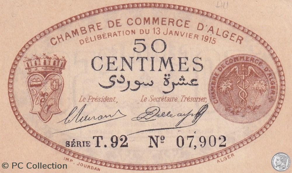 137-9-13/1/1915 Alger 50 cts Cdc.(1) billets afrique algerie 137 9 13 1 1915 alger 50 cts cdc 1