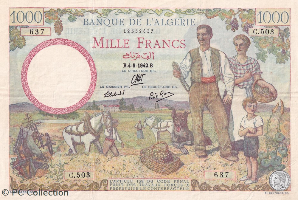 1942 Pick89 1 000 Franc algérien TTB billets afrique 1942 pick89 1 000 franc algerien ttb