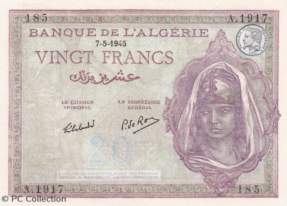 1945 Pick92b.3 20 Franc algérien 185 Unc billets afrique 1945 pick92b 3 20 franc algerien 185 unc