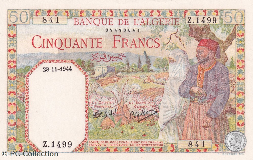 1944 Pick 87a 50 Franc algérien 841 Unc billets afrique 1944 pick 87a 50 franc algerien 841 unc