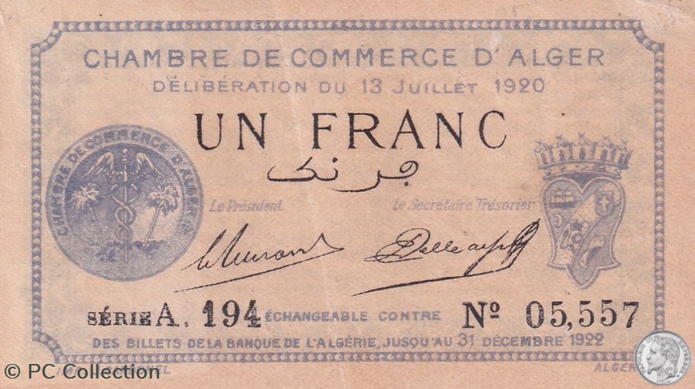 137-15-13/7/1920 Alger 1 Franc Cdc.(1) billets afrique algerie 137 15 13 7 1920 alger 1 franc cdc 1