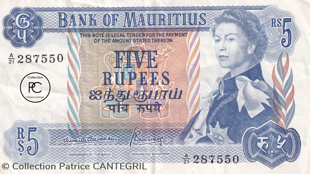 1967 Pick30b 5 ₨ - Roupie mauricienneTTB billets afrique maurice 1967 pick30b 5 roupie mauriciennettb