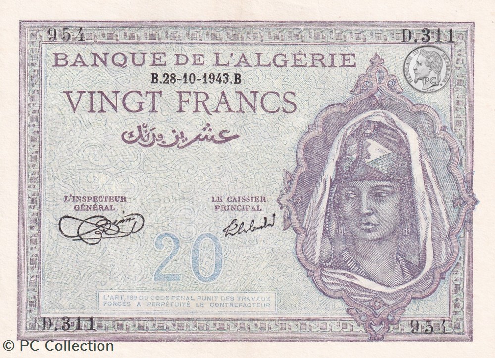billets afrique 1943 pick 92a 20 franc algerien sup