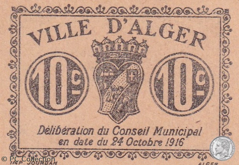 Ville d'Alger- 24/10/1916 10 Centimes Beige (2) billets afrique algerie ville alger 24 10 1916 10 centimes beige 2